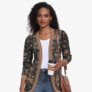 Long Sleeve Green Floral Cardigan with Pockets - Large